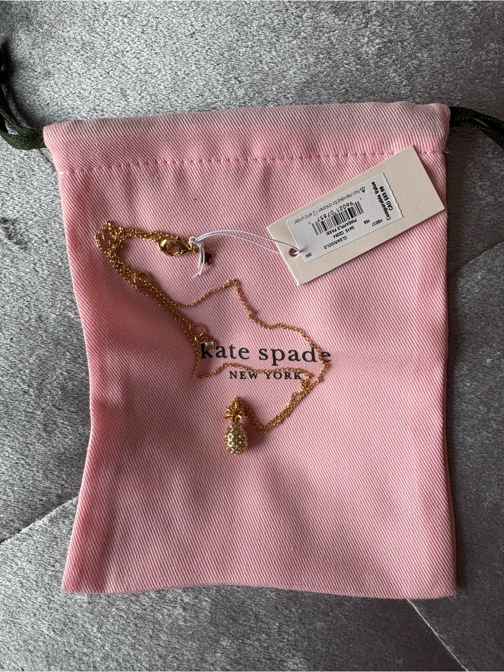 New Kate Spade Gold Pineapple Pendant Necklace with Pink Dust Bag